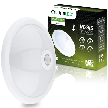 LED-Deckenleuchte 2xE27, Aufputzleuchte mit Bewegungs- und Dämmerungssensor 38cm Runde Weiß REGIS LUMILED