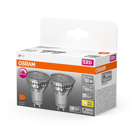 2x LED PAR16 Reflektor GU10 4.5W = 50W 350lm 2700K Warm CRI90 36° Dimmbar SUPERSTAR Osram