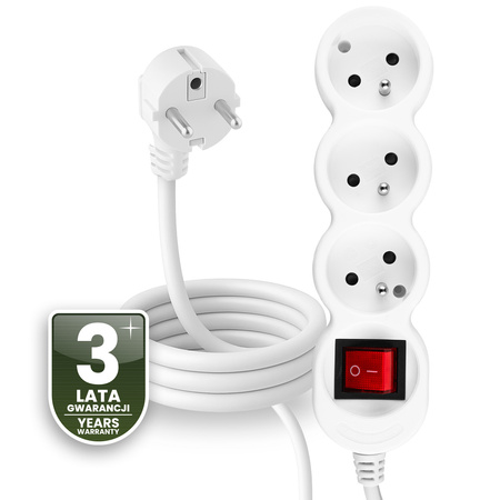 Netzverlängerungskabel Geerdete Steckdosenleiste 3 Steckdosen 1.5m ON/OFF Schalter Weißes Kabel Lendo Lumiled