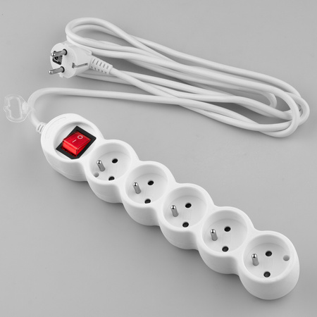 Netzverlängerungskabel Geerdete Steckdosenleiste 5 Steckdosen 3m ON/OFF Schalter Weißes Kabel Lendo Lumiled