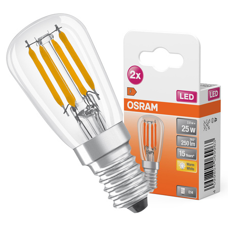 2x LED Glühbirne T26 Tubular E14 2.8W = 25W 250lm 2700K Warm 300° SPECIAL Osram