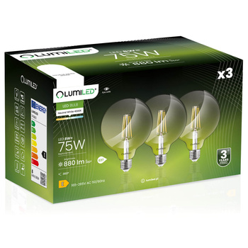 Set mit 3x E27 G95 LED Lampen 8W = 75W 4000K Neutral Globe Filament LUMILED