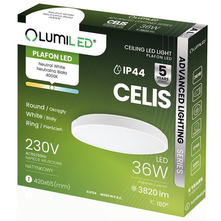 LED-Deckenleuchte Aufbaumontage 36W 4000K CELIS Rund IP44 Weiß Ring ALS LUMILED