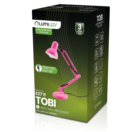 Schreibtischlampe E27, Zeichentisch-Schreibtischlampe mit Tischklemme Rosa TOBI LUMILED