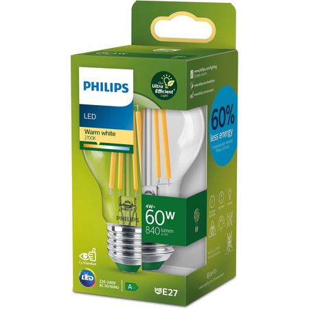 E27 A60 LED Lampen 4W = 60W 840lm 2700K Warmfilament PHILIPS Ultra Efficient