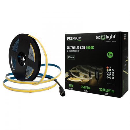 LED-Streifen COB 7W/m 630lm/m 320LED/m 24V 3000K Warm IP20 Rolle 5m + Netzteil + Fernbedienung Ecolight