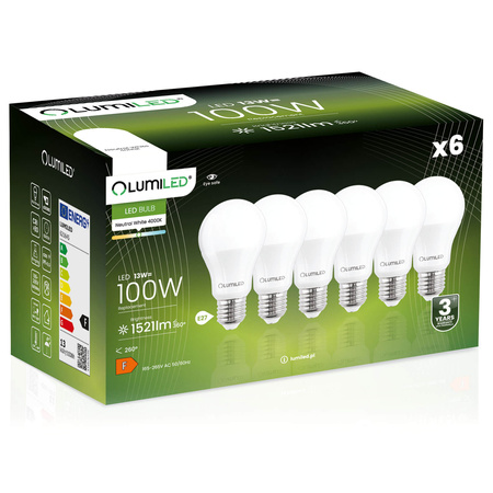 6x LED Lampen E27, Glühbirne A60 13W = 100W 1521lm 260° 4000K neutral LUMILED