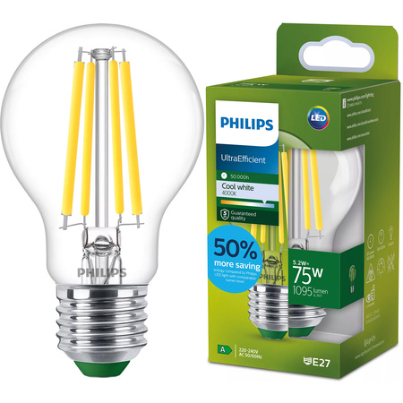 E27 A60 LED Lampen 5,2 W = 75 W, 1095 lm, 4000 K, neutrales Filament, PHILIPS, ultraeffizient