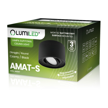 Halogen-Aufbauleuchte, Aufbauspot 50mm Runde Tube Schwarz AMAT-S+LED-Einsatz 7W 3000K LUMILED