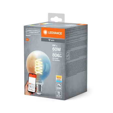LED-Glühbirne E27 8W = 60W 806lm CCT Dimmbar SMART+ WiFi Filament Globe Ledvance