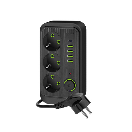 KOBI LINEA PRO Verlängerungskabel 3x230V 5m Masse, Schalter und 5xUSB Schwarz