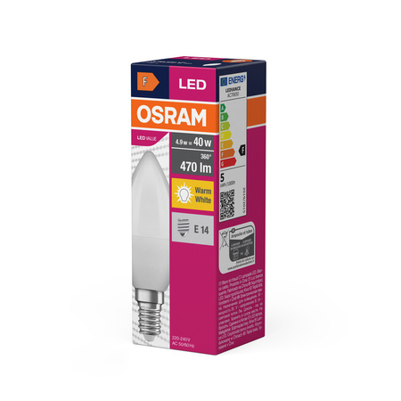 LED-Lampe B37 Kerze E14 4.9W = 40W 470lm 2700K Warm 180° VALUE CLASSIC Osram