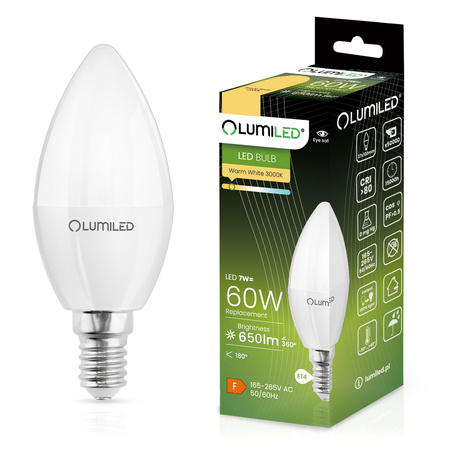 Lampen E14, Glühbirne B35 7W = 60W 650lm 3000K 180° warm LUMILED