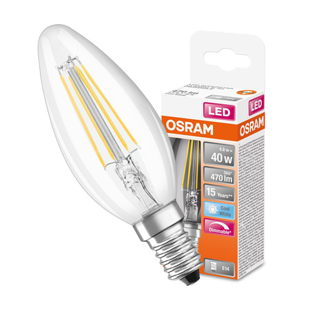 E14 B35 LED Lampe 4,8 W = 40 W, 470 lm, 4000 K, neutral, 300 °, OSRAM SUPERSTAR-Filament, dimmbar