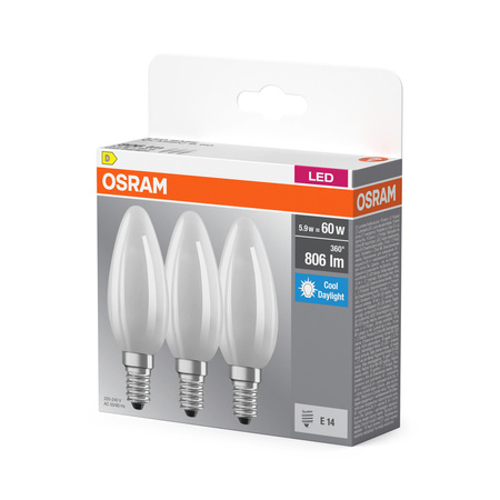 3x LED-Lampe B35 Kerze E14 5.9W = 60W 806lm 6500K Kalt 300° BASE Osram