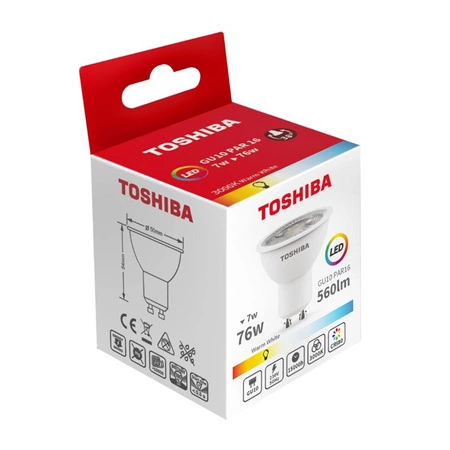 GU10 LED Leuchtmittel, 7 W = 76 W, 560 lm, 3000 K, warmes TOSHIBA-Spotlight