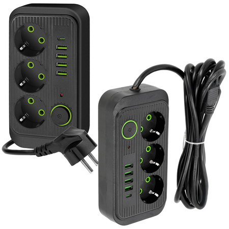 KOBI LINEA PRO Verlängerungskabel 3x230V 3m Masse, Schalter und 5xUSB Schwarz