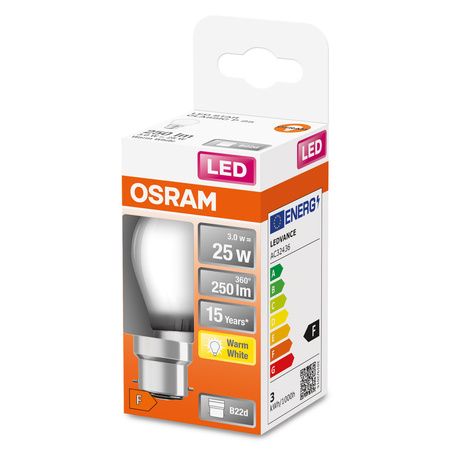 LED-Lampe P45 Ball B22d 2.5W = 25W 250lm 2700K Warm 300° Retrofit Glühfaden CLASSIC Osram