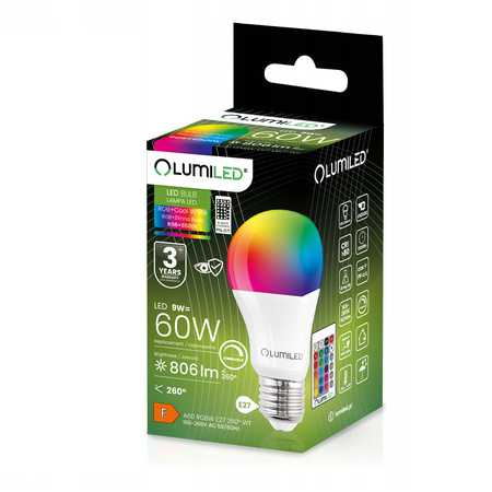 3x LED-Glühbirne E27 A60 9W = 60W 806lm 6500K + RGB Multicolour 260° Dimmbar Pilot LUMILED