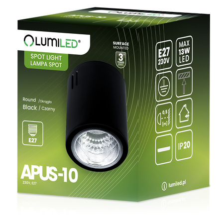 Aufbauleuchte E27, Aufbauspot Runde Tube Schwarz Fest APUS 10 LUMILED