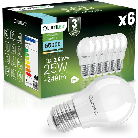 6x LED Lampen E27, Glühbirne P40 2.5W = 25W 249lm 6500K kalt LUMILED