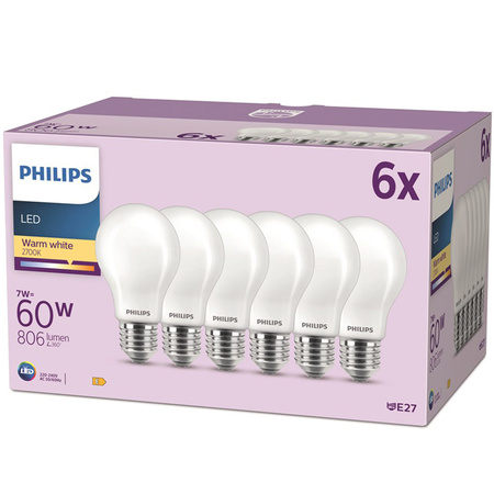 Set mit 6x LED Lampen E27 A60 7W = 60W 806lm 2700K Warm Filament Milky PHILIPS