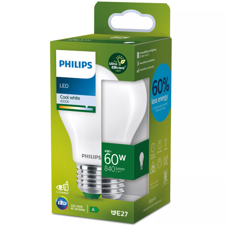 E27 A60 LED Lampen 4 W = 60 W, 840 lm, 4000 K, neutrales Filament, milchig, PHILIPS, ultraeffizient
