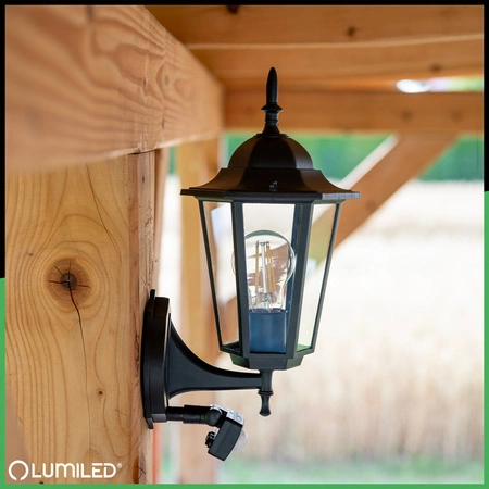 Wandleuchte Außen E27, Hängende Gartenlaterne mit Bewegungsmelder Schwarz BELLIS LUMILED