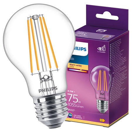 E27 A60 LED Lampen 8,5 W = 75 W, 1055 lm, 2700 K, warmes Filament PHILIPS