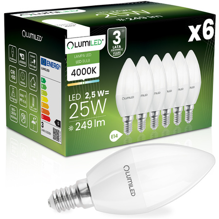 6x LED Lampen E14, Kerzenform Lampe B35 2.5W = 25W 249lm 180° 4000K neutral LUMILED