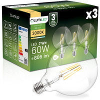 3x LED-Lampe E27 Sphere G125 7W = 60W 806lm 3000K Warm 360° FILAMENT LUMILED