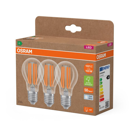 3x LED-Glühbirne A60 E27 7.2W = 100W 1521lm 4000K Neutral 320° Glühfaden CLASSIC ENERGY EFFICIENCY Osram