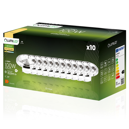 10x LED Lampen G53, Glühbirne AR111 12V 15W = 100W 1521lm 24° 3000K warm Silber LUMILED