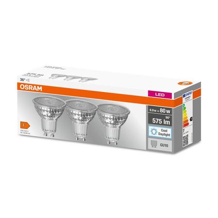 3x LED PAR16 Reflektor GU10 6.9W = 80W 575lm 6500K Kalt 36° BASE Osram