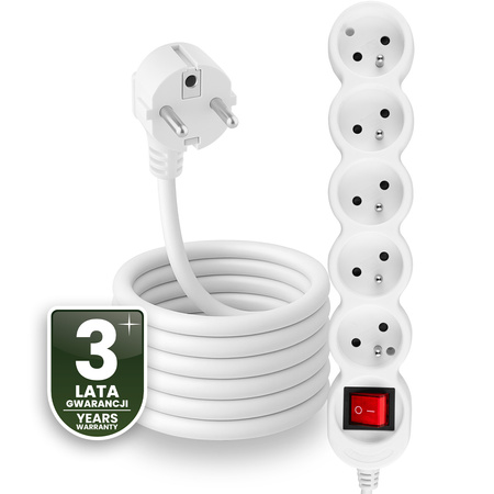 Netzverlängerungskabel Geerdete Steckdosenleiste 5 Steckdosen 5m ON/OFF Schalter Schwarz Lendo Lumiled Cord