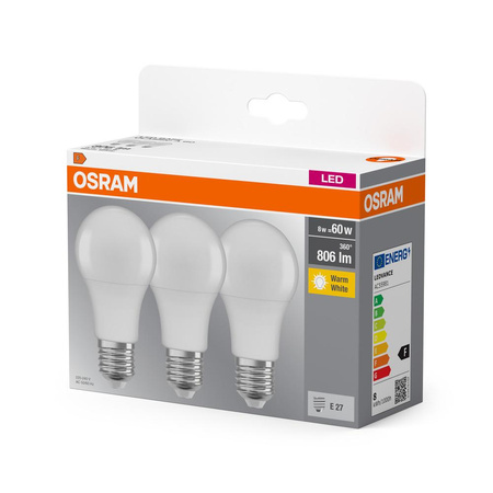 3x LED-Lampe A60 E27 8W = 60W 806lm 2700K Warm 150° BASE Osram