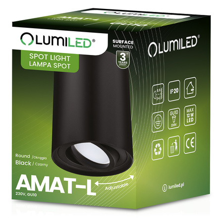 Halogen-Aufbauleuchte GU10, Aufbauspot 115mm beweglich Runde Tube Schwarz AMAT-L LUMILED