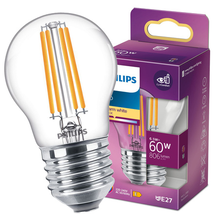 LED-Kugelbirne E27 P45 6,5W = 60W 806lm 2700K warmes Filament PHILIPS