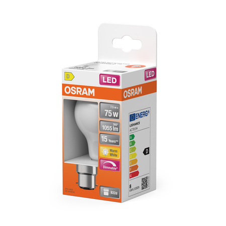 LED-Lampe A60 B22d 7.5W = 75W 1055lm 2700K Warm 300° Dimmbar Retrofit Glühfaden CLASSIC Osram