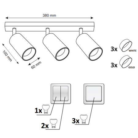 Streifenlampe Decken- und Wand-LED-Leuchte 3 xGU10 MARIBEL Weiß GOLDLUX (Polux)