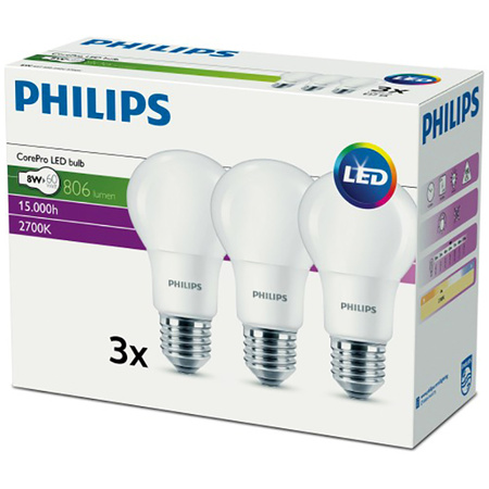 3x LED Lampen E27 A60 8W = 60W 806lm 2700K Warm 300° PHILIPS CorePro