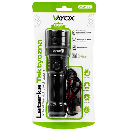 Wiederaufladbare taktische LED-Taschenlampe 600lm 10W Leistungsstarke ZOOM POWERBANK VA0179 VAYOX