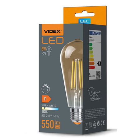 E27 ST64 LED Lampen 6 W = 44 W, 550 lm, 2200 K, warmes Bernstein-Glühfaden, dimmbar, 360° VIDEX