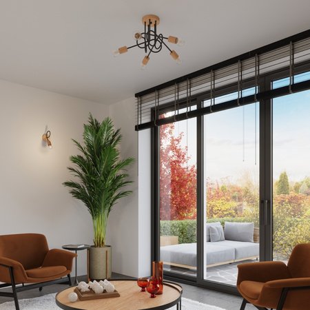 Deckenleuchte Kronleuchter Spider Pendelleuchte 5x E27 Naturholz Schwarz Glut Pfirsich Puff SL.1478 Sollux