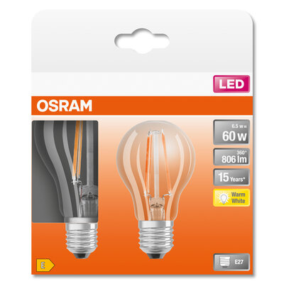 2x LED Lampen E27 A60 6,5W = 60W 806lm 2700K Wärme 300° Filament OSRAM STAR