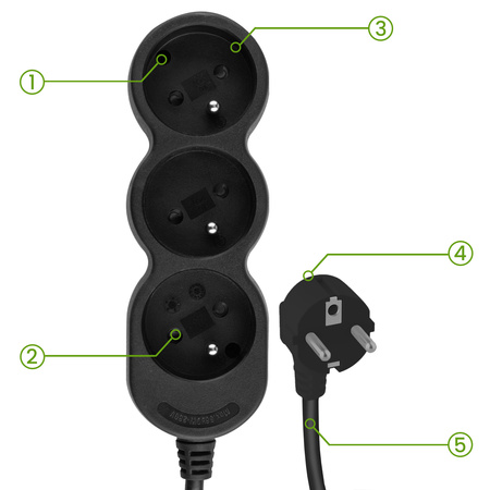 Netzverlängerungskabel Geerdete Steckdosenleiste 3 Steckdosen 3m Schwarzes Kabel Lendo Lumiled