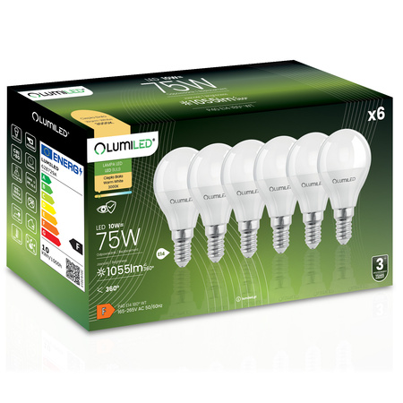 6x LED Lampen E14, Glühbirne P45 Kugeln 10W = 75W 990lm 180° 3000K warm LUMILED