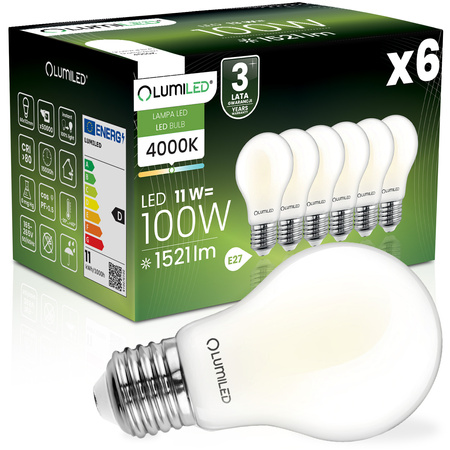 6x LED-Lampe E27 A60 11W = 100W 1521lm 4000K neutralweiß 360° FILAMENT LUMILED