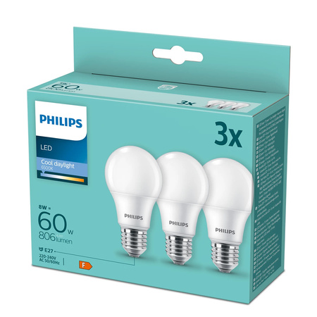 3x LED Lampen E27 A60 8W = 60W 806lm 6500K kalt PHILIPS