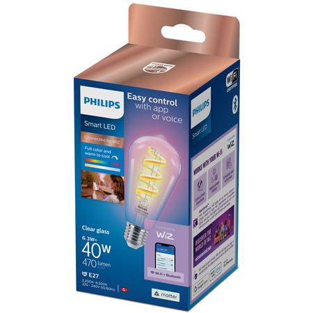 LED-Lampe E27 ST64 6.3W = 40W CCT + RGB FILAMENT SMART WiFi Philips WiZ